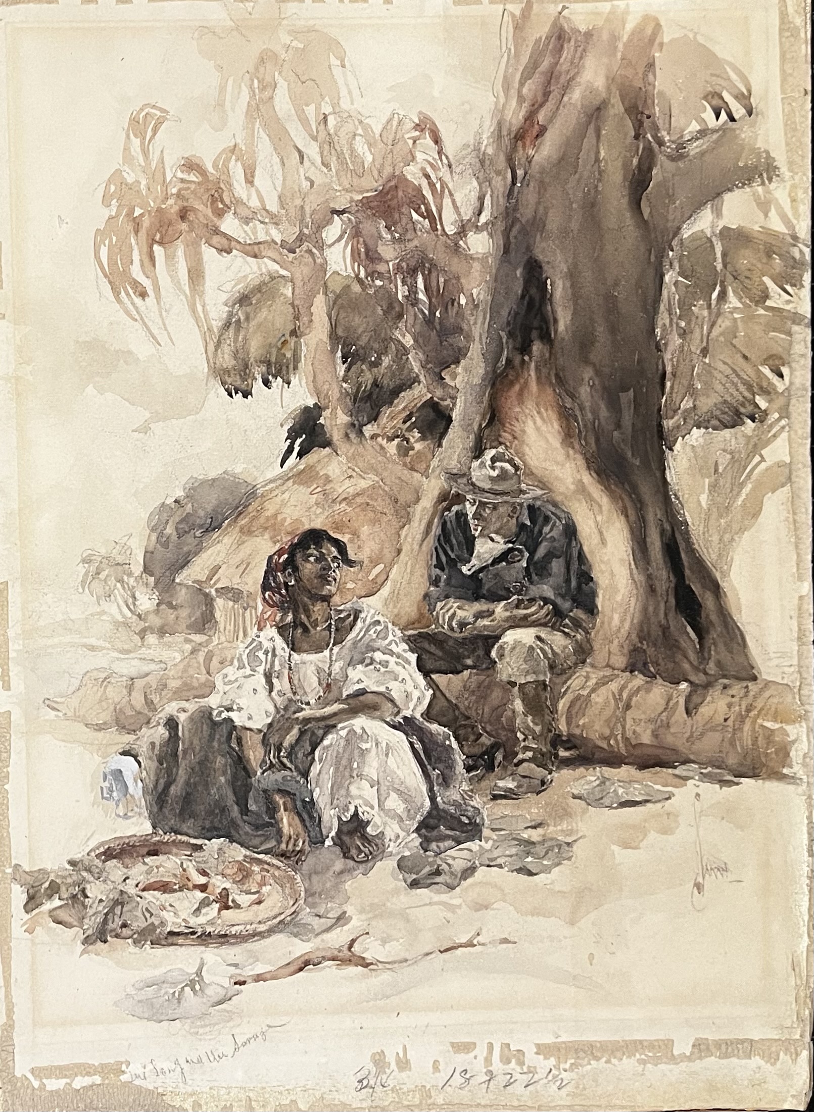Two women resting under a large tree with baskets of goods.
