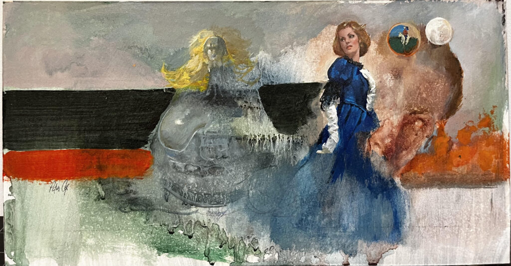 Abstract painting blending human figures with swirling colors and textures.